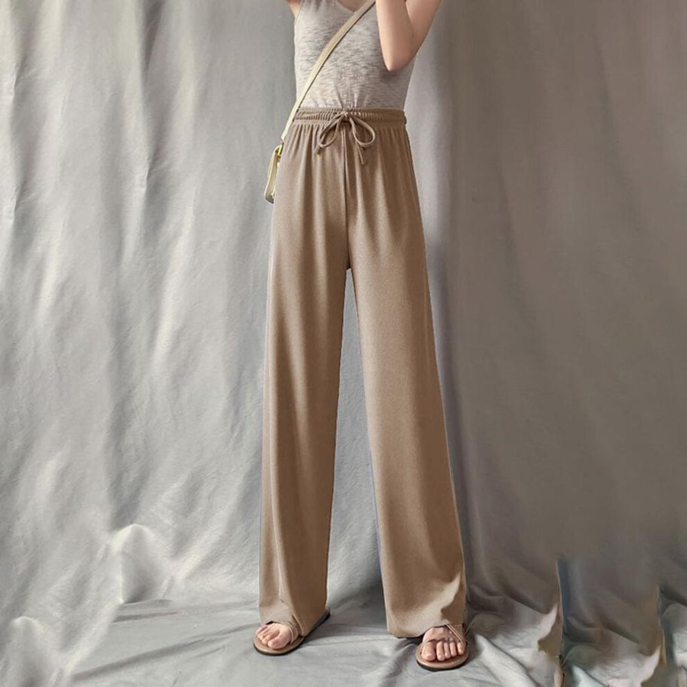 (khaki, One Size (80-150 kg)) Women's High-waist Ice Silk Wide-leg Drawstring Pants - Lightweight, Summer Anti-mosquito Casual Trousers