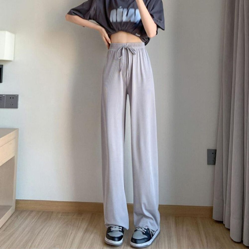 (gray, One Size (80-150 kg)) Women's High-waist Ice Silk Wide-leg Drawstring Pants - Lightweight, Summer Anti-mosquito Casual Trousers
