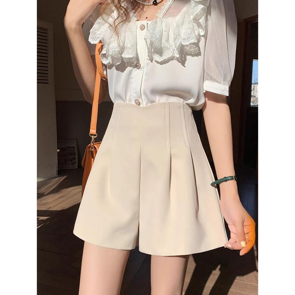 (apricot, L) "Women's 2023 Autumn/Winter High-Waisted Black Woolen Wide-Leg Shorts - Plus Size, Slim Fit A-Line Skirt.