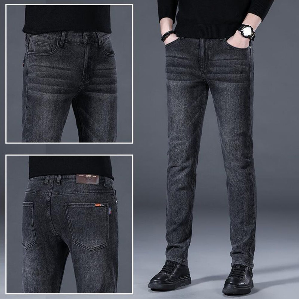(dark gray, 33 (Waist 86cm) for 150 lbs) Men's Gray High-End Elastic Straight-Cut Jeans - Casual, Youthful, Spring Style