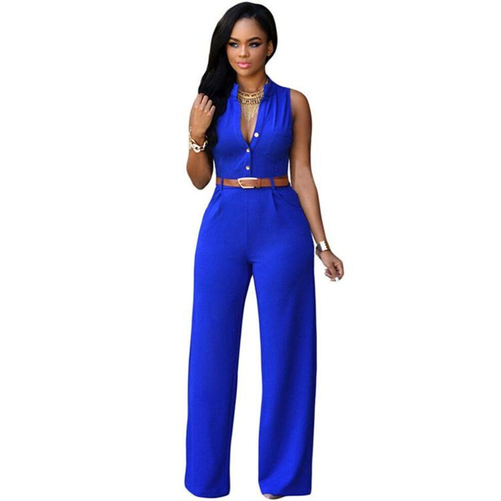(blue, L) Summer 2024 High-Waist Wide-Leg Sleeveless Jumpsuit with Button Cardigan Collar - European/American Casual Women's Fashion.