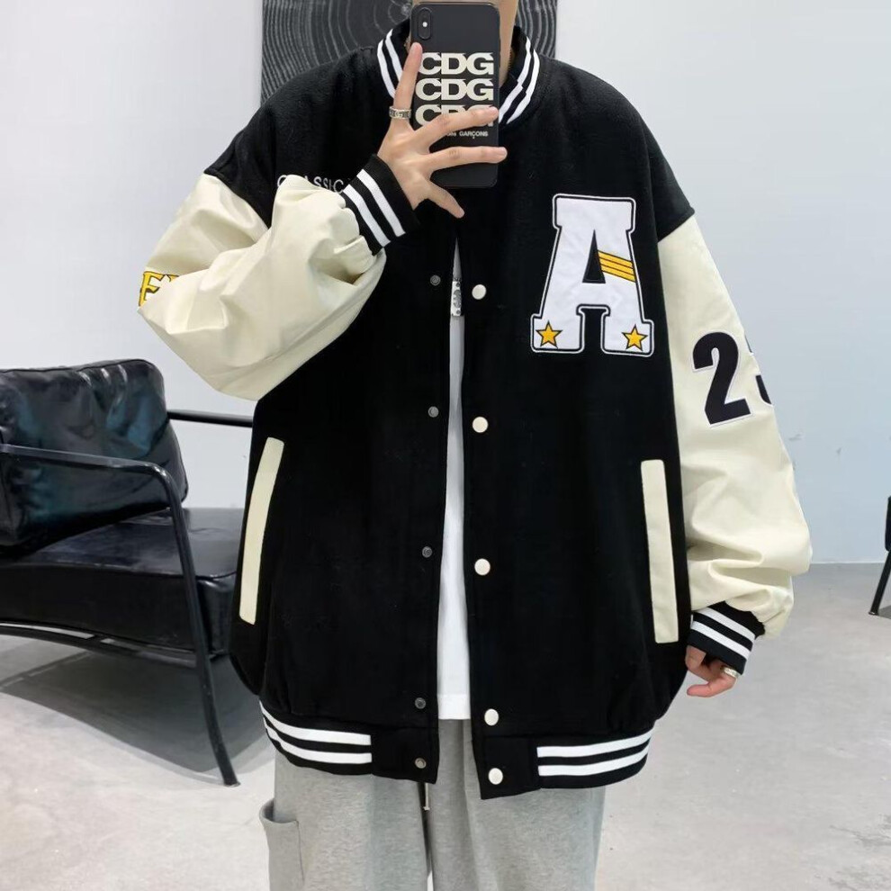 (black, M) Men's Loose Fit Retro Varsity Jacket - Embroidered, Long Sleeve, Spring & Autumn Couples Wear
