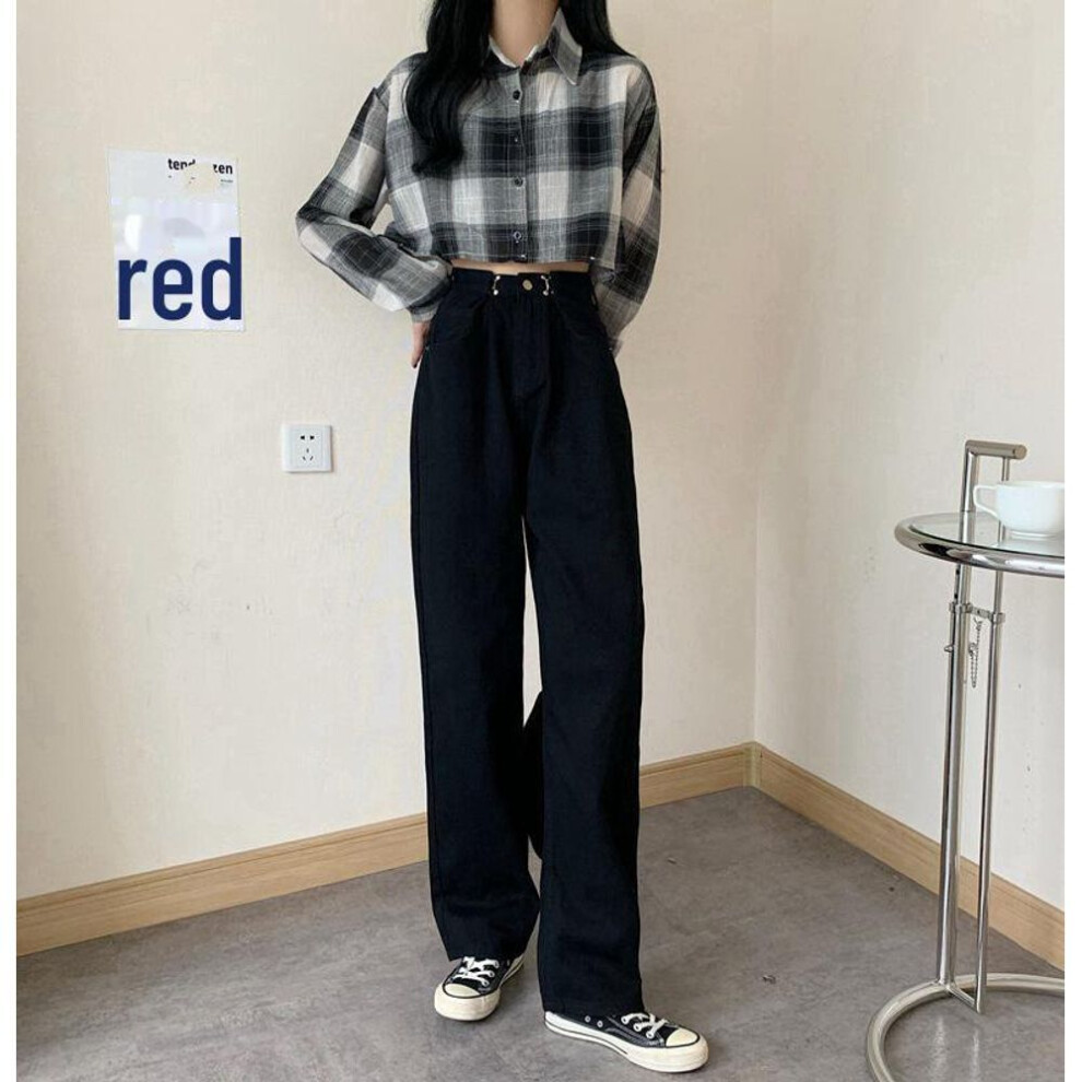 (black, Extra Large) Women's High-Waist Black Wide-Leg Jeans - Slimming, Loose-Fit, Korean Style for Spring & Autumn 2021