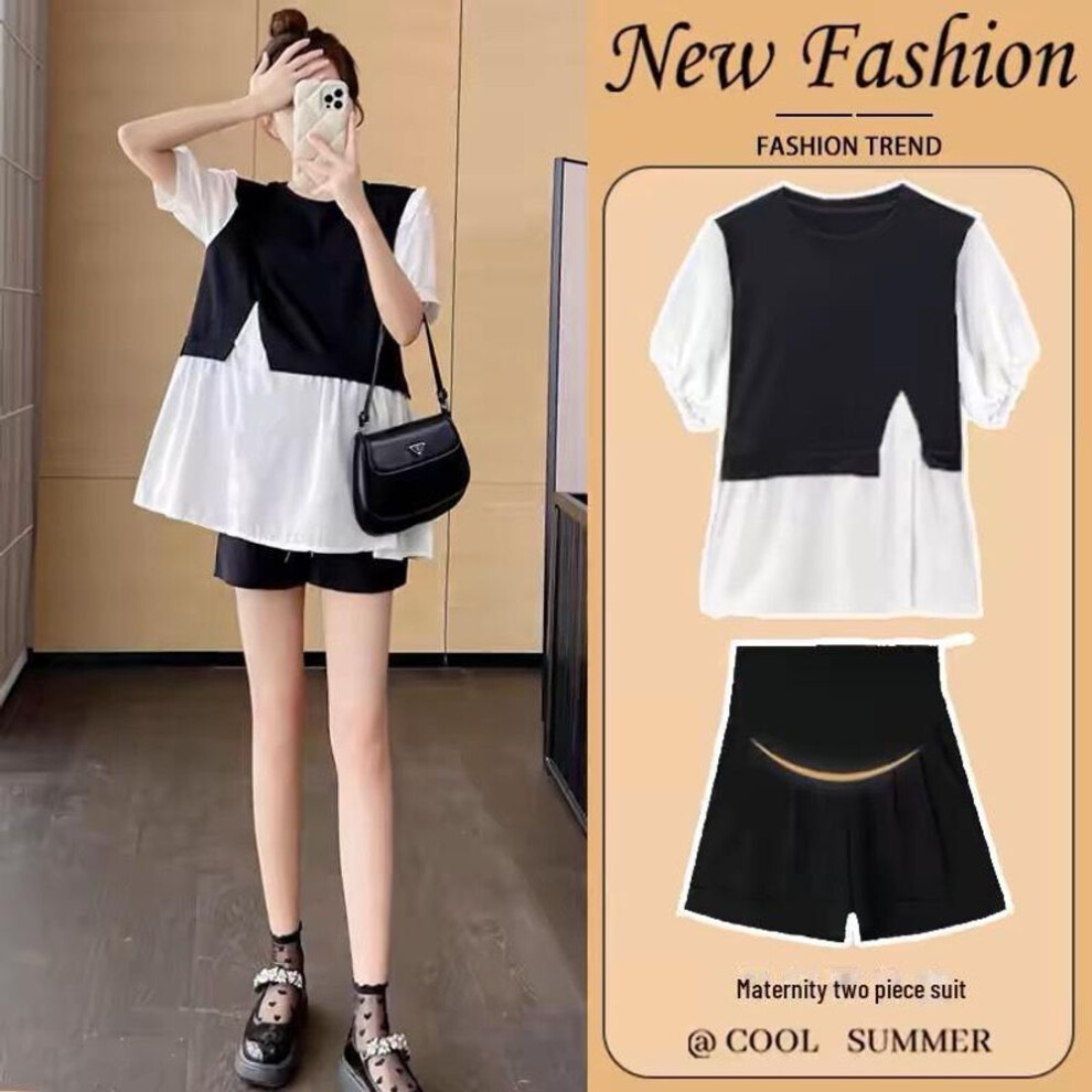 (2XL) "maternity Summer Two-piece Suit: Stylish Slimming Belly-cover Top & Loose Shorts For Petite Pregnant Women