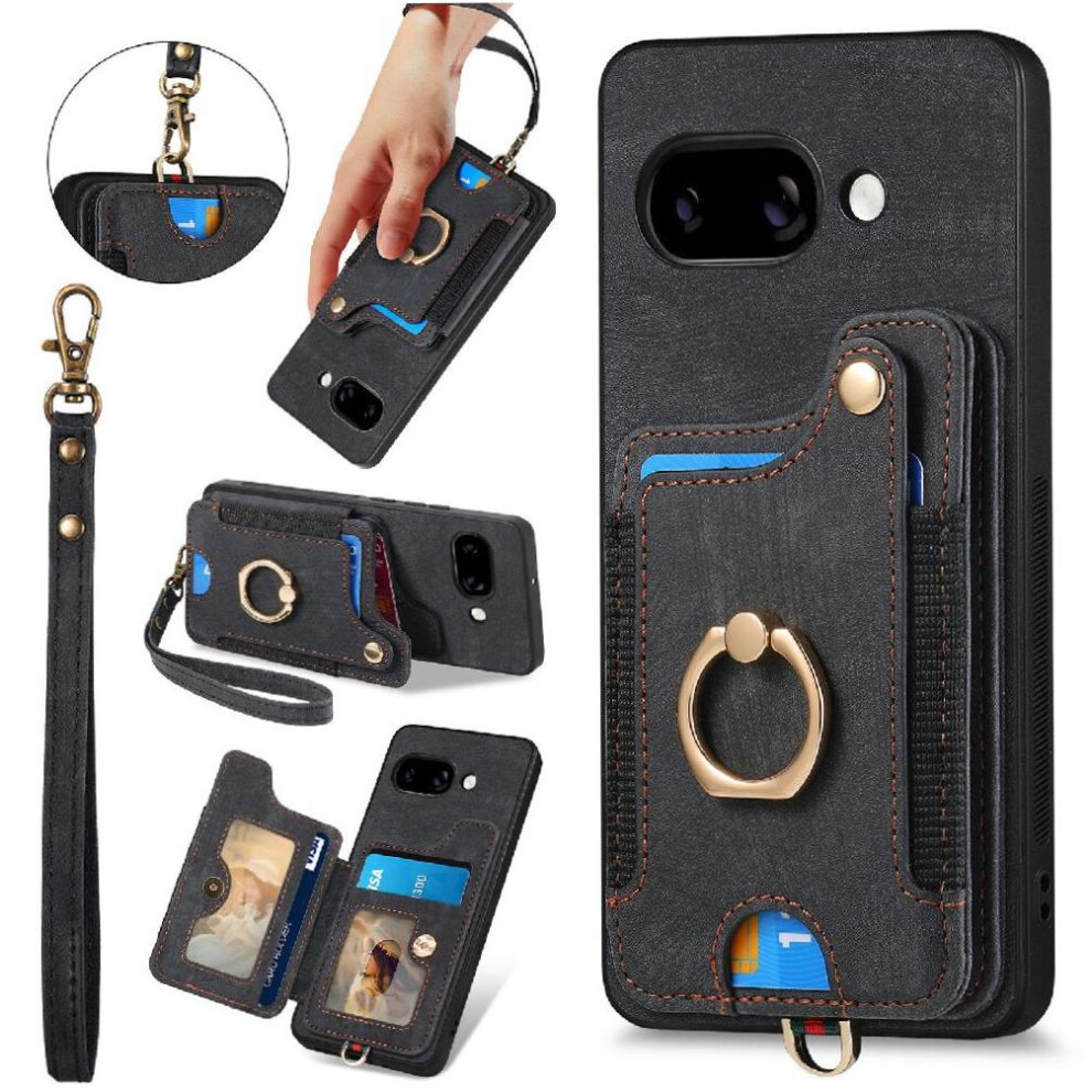 (Black) Case For Google Pixel 9A Ring Holder Gift Rfid Blocking Car Mount Magnetic Wrist Strap Black 764490334518