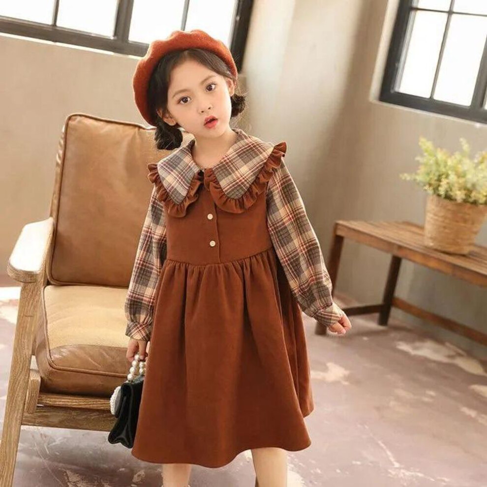(khaki, 150 cm) Girls' Stylish Long-sleeve Two-piece Look Dresses For Spring/fall