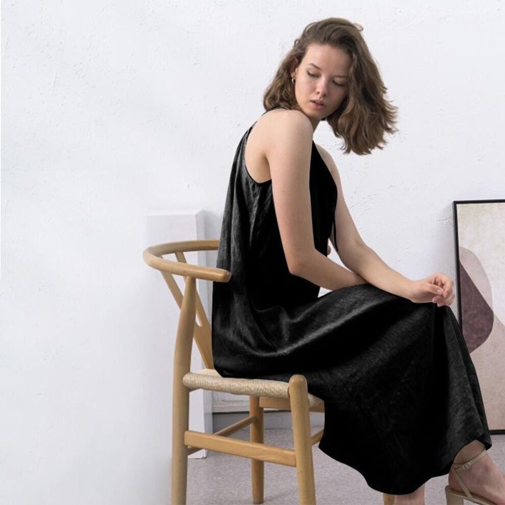 (black, S) Reversible Halter Neck Linen-Cotton Suspender Dress - Women's Long Skirt Niche Design