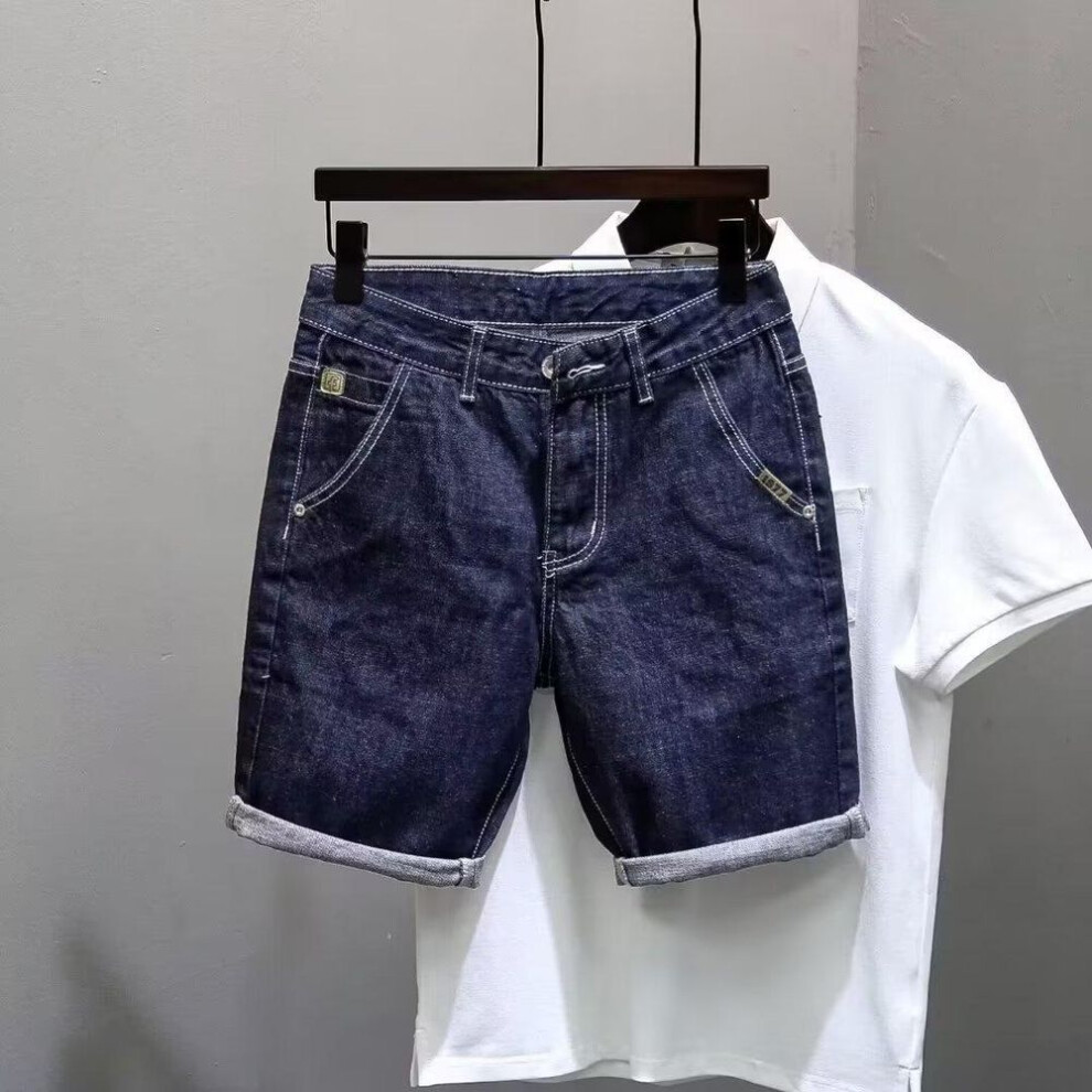 (blue, 31) Men's Trendy Korean Style Ripped Denim Shorts - Slim Fit Casual Five-Point Breeches
