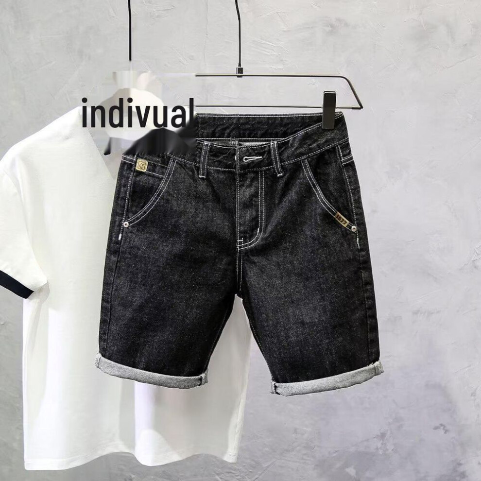 (black, 32) Men's Trendy Korean Style Ripped Denim Shorts - Slim Fit Casual Five-point Breeches