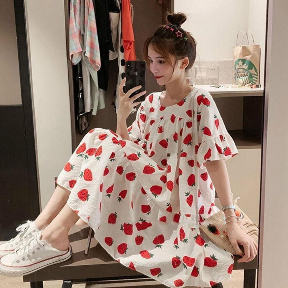 (red, Medium) "summer Floral Maternity Dress – Korean Style, Berry Color, Short Sleeve, Loose Fit