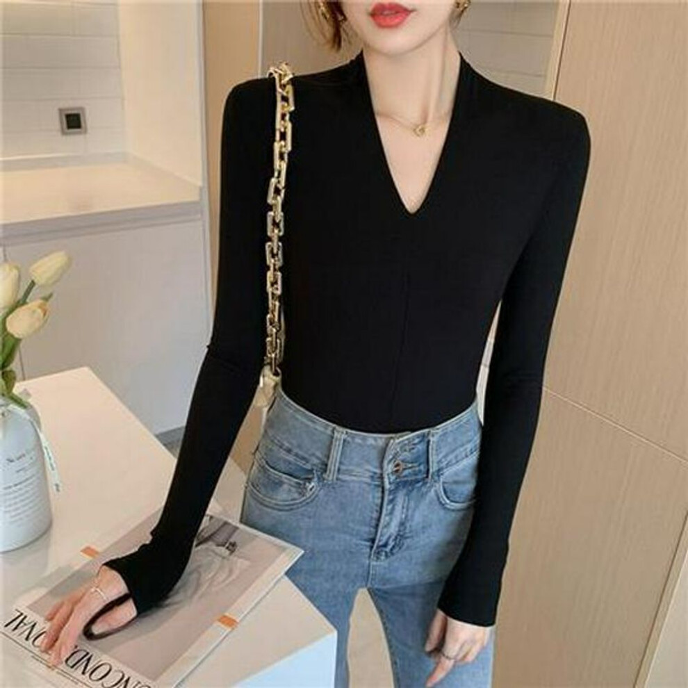 (black, 2XL) "Women's V-Neck Slim Fit Long Sleeve Cotton T-Shirt for Autumn 2025