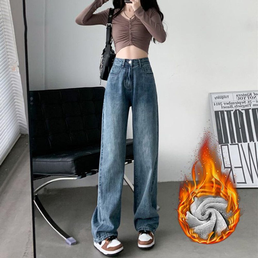 (Extra Large) Women's Thick Velvet-Lined Wide-Leg Korean Style Jeans - High Waist, Loose Fit, Floor-Length, Slim Straight, Perfect for Winter Warmth.