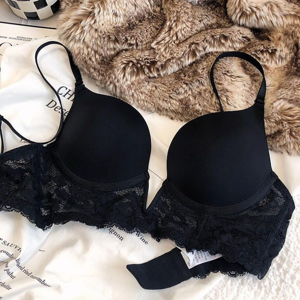 (black, 80C) "New Women's Lace Underwear: Sexy, Supportive Bra for Small and Large Chests with Soft Steel Ring Design