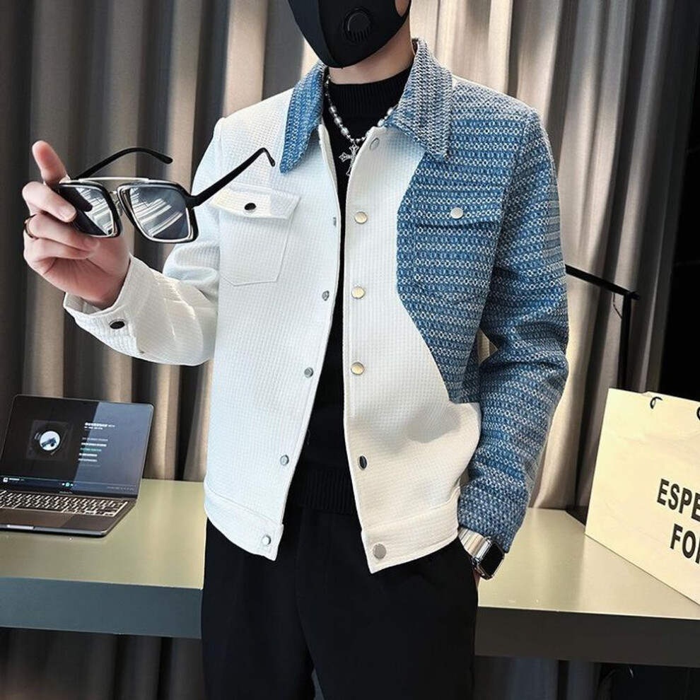 (white, M) Teen Splicing Design Jacket - Long Sleeve Lapel Cardigan, Loose Fit, Stylish and Trendy for Young Fashionistas