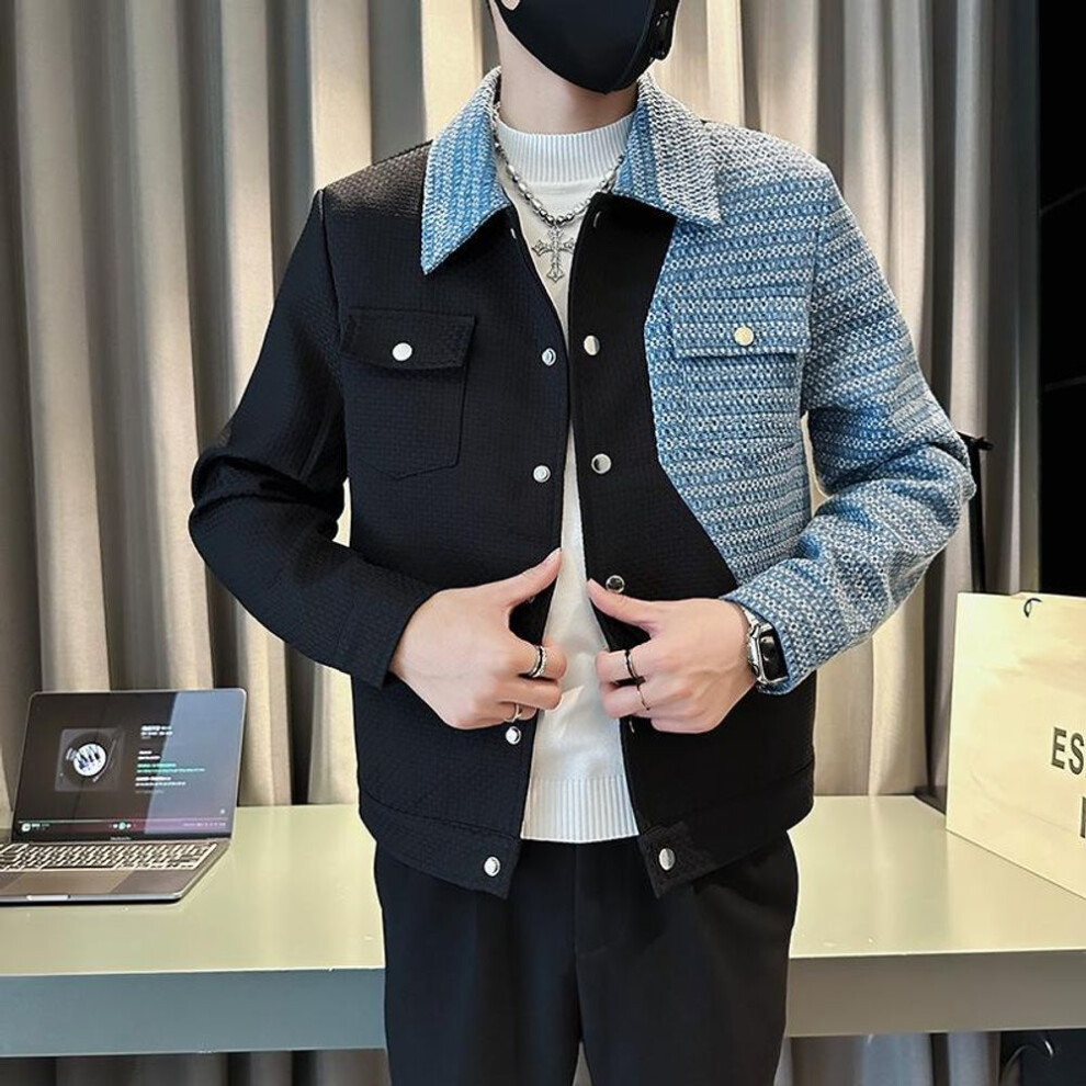 (black, XXXL) Teen Splicing Design Jacket - Long Sleeve Lapel Cardigan, Loose Fit, Stylish and Trendy for Young Fashionistas