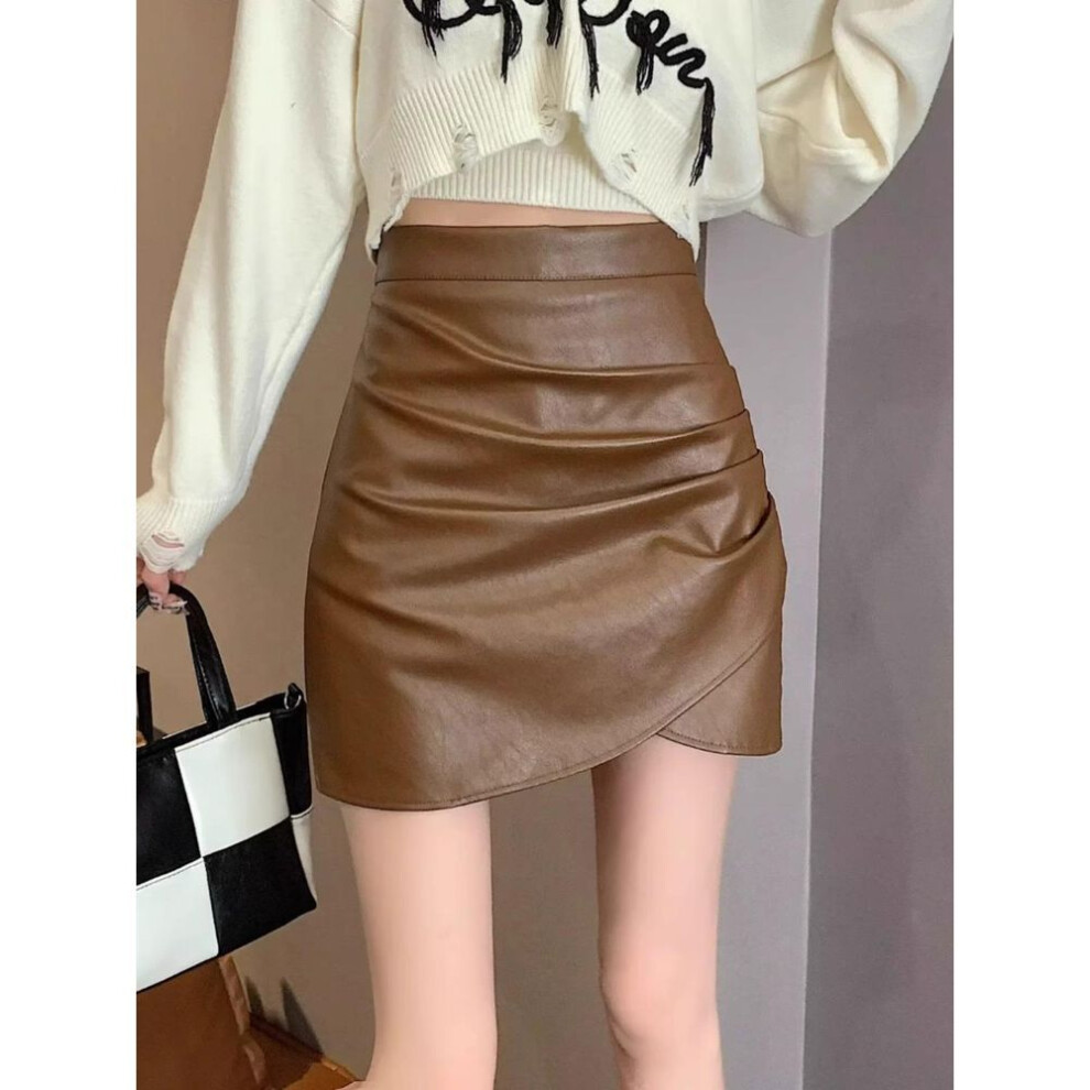 (coffee, XS) High-Waist Black PU Leather Pleated Skirt for Women - Korean Style Autumn/Winter A-Line Skirt with Anti-Exposure Design.