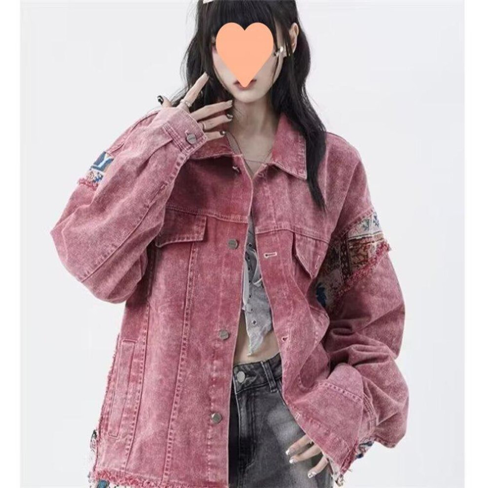 (pink, 2XL) Cool Retro Hong Kong Style Pink and White Denim Jacket for Men & Women