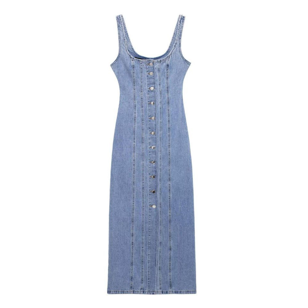 (Small) 2024 European & American Style Ladies' Denim Midi Dress - Casual Button-down Suspender With Waist Vest Design