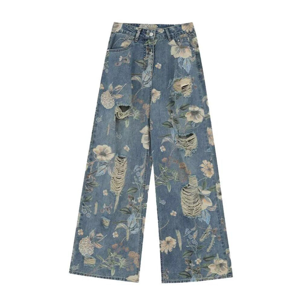 (X-Large) Women's High-waist Floral Print Ripped Jeans - 2024 Summer, Retro Style, Thin, Straight, Wide-leg, Floor-length.