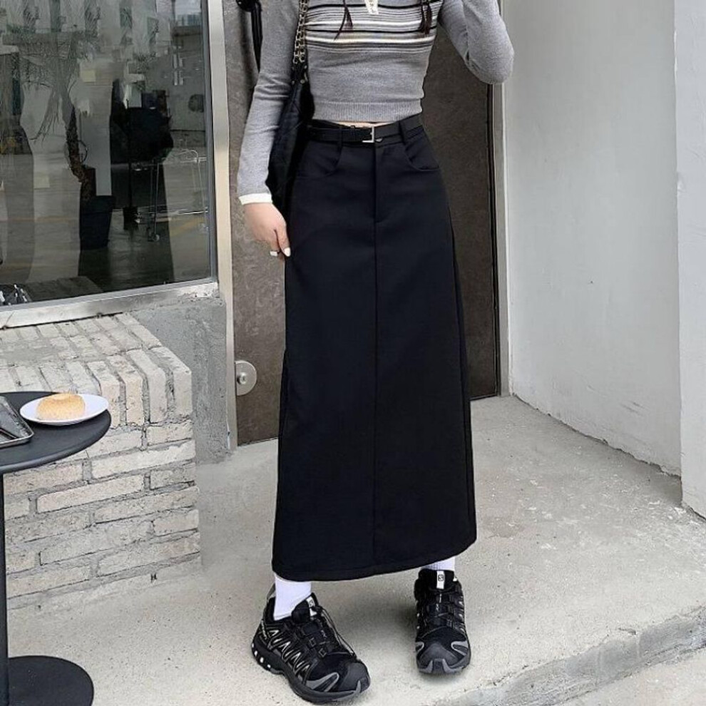 (black, XS) Women's Spring/Summer Black A-Line Split Workwear Skirt