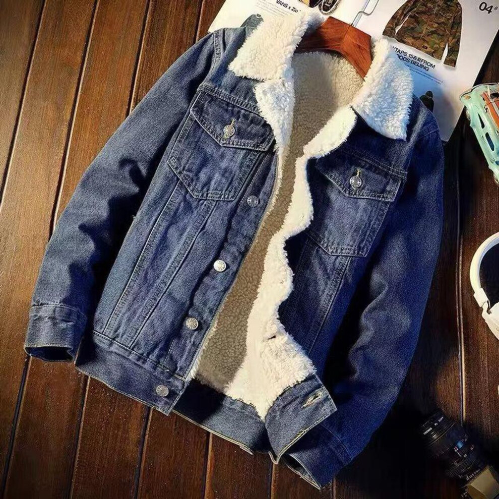 (dark blue, XL) Men's Korean Style Thickened Retro Denim Jacket With Plus Velvet