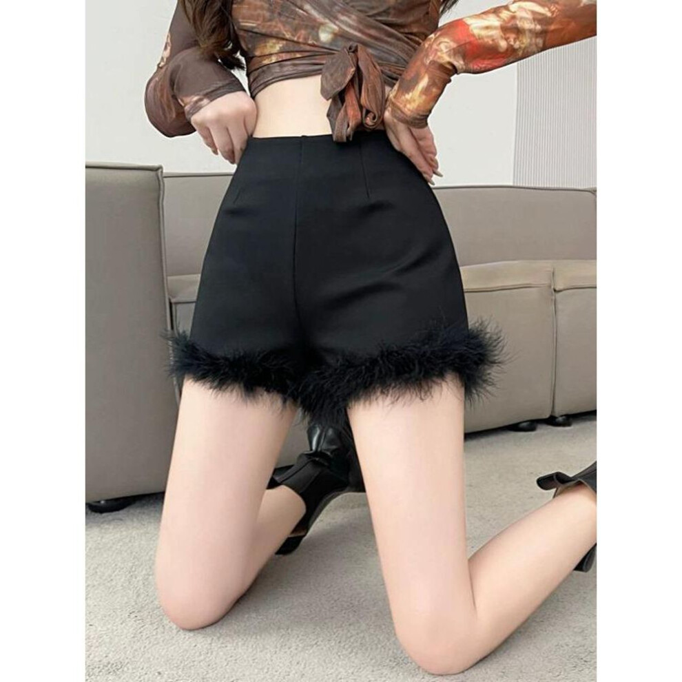 (black, XL) Women's High-Waist Slim Fit Fur Shorts - American Style Autumn Hot Pants