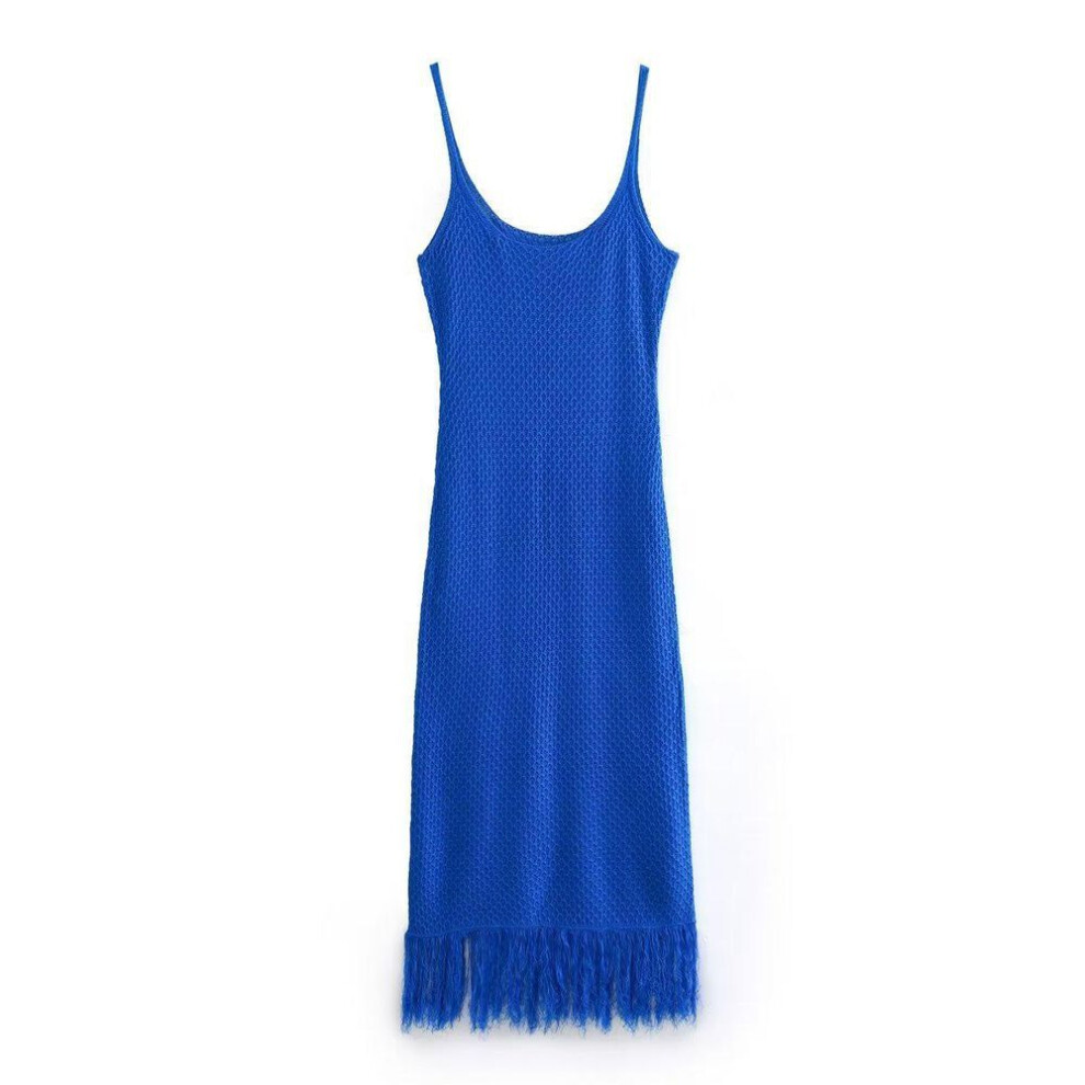 (Medium) "summer Women's Knitted Tassel Long U-neck Pullover Dress - Solid Color