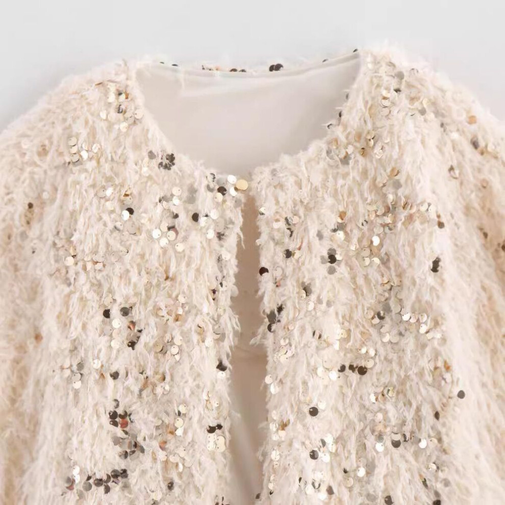 (beige, Small) "Women's Elegant Feather Sequin Knit Cardigan with Round Neck and Long Sleeves