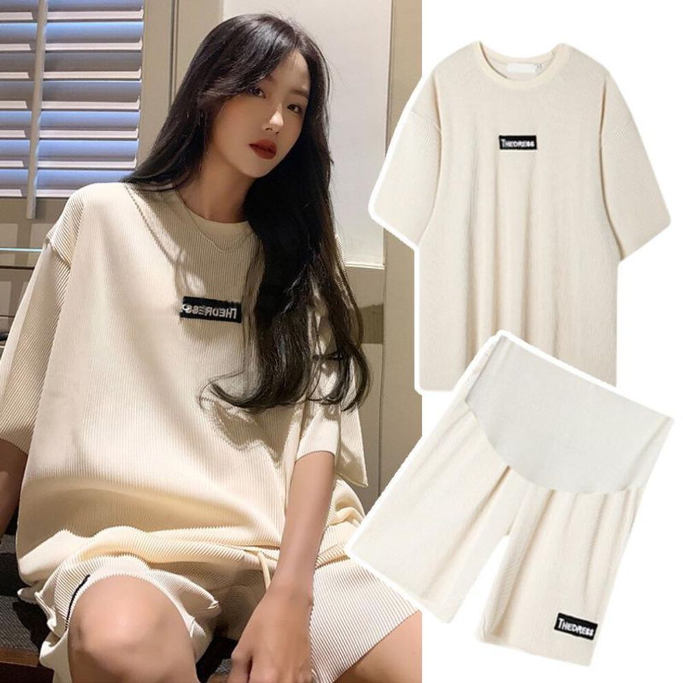 (apricot, M) "stylish Summer Maternity Two-piece: Lightweight Loose Short-sleeve Top & Shorts