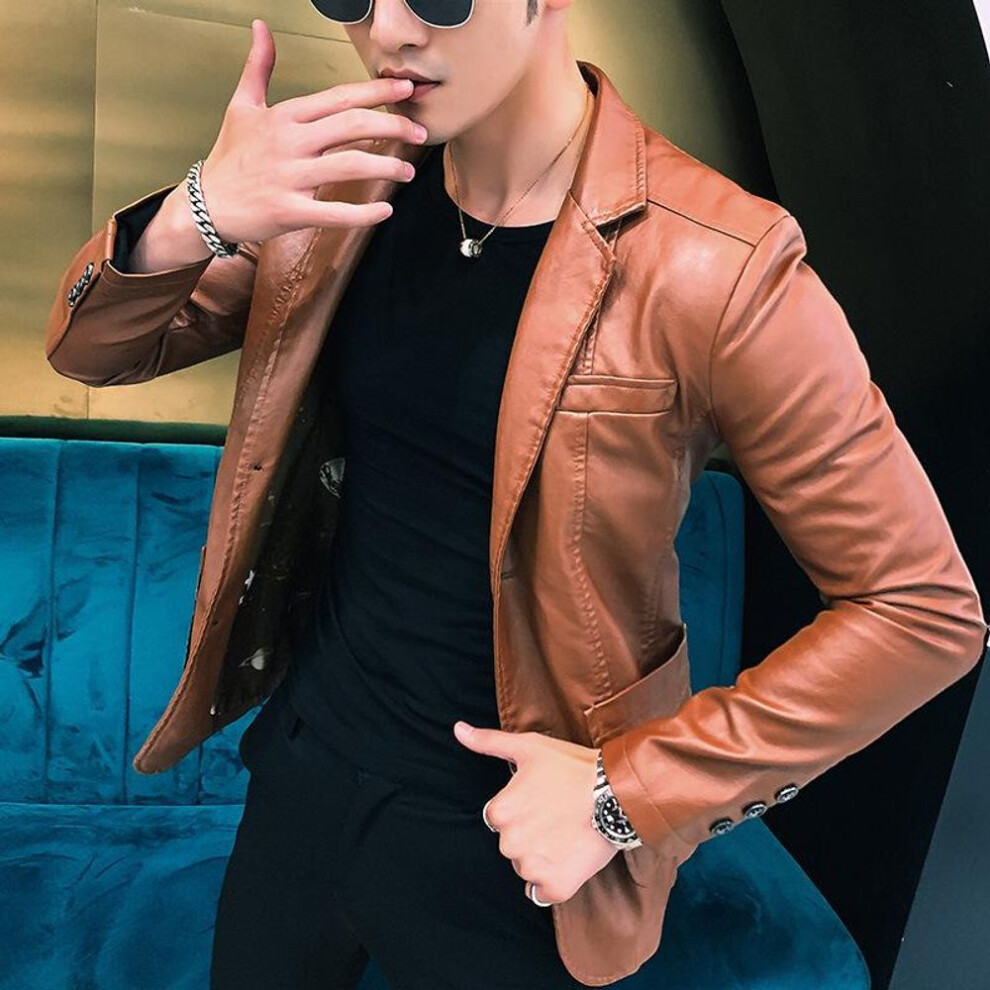 (coffee, 2XL) Men's American Retro Pu Leather Motorcycle Jacket - Brown, Autumn/winter Short Style, Trendy And Handsome For Boys.