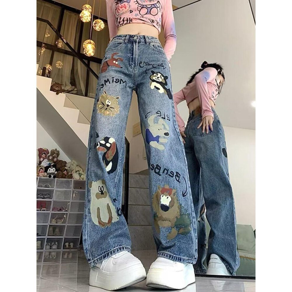 (blue, XS) "2024 Women's High-Waist American Graffiti Print Wide-Leg Jeans - Summer Casual Loose Fit