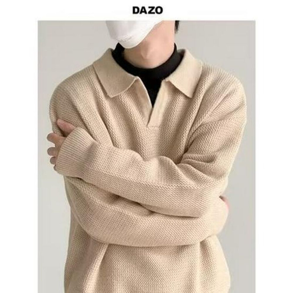 (khaki, 2XL) Men's 2024 Trendy College Style Colorblock Polo Shirt - Embroidered American Retro Loose Cardigan Sweater