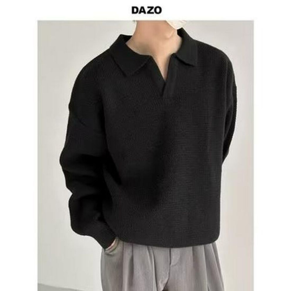 (black, XL) Men's 2024 Trendy College Style Colorblock Polo Shirt - Embroidered American Retro Loose Cardigan Sweater