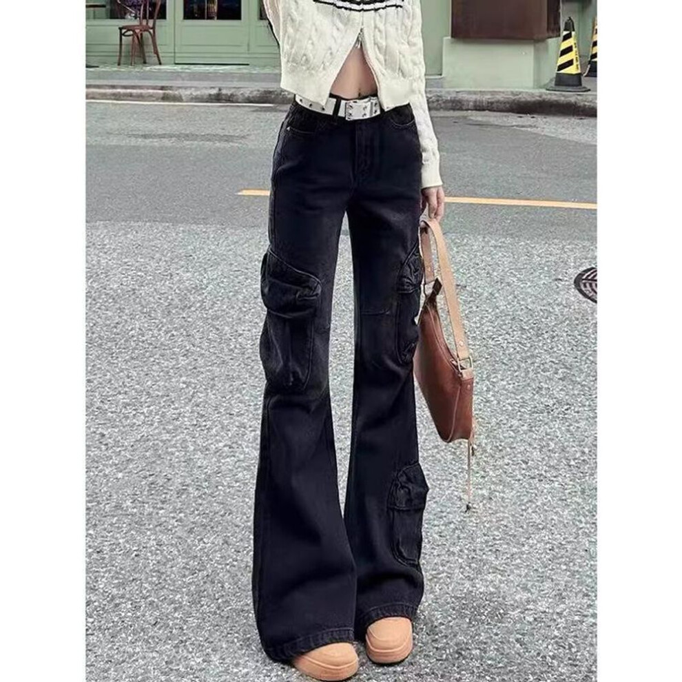 (black gray, M) "High-Waist Retro Flared Jeans: Spring/Summer Slim Pocket Workwear for Women