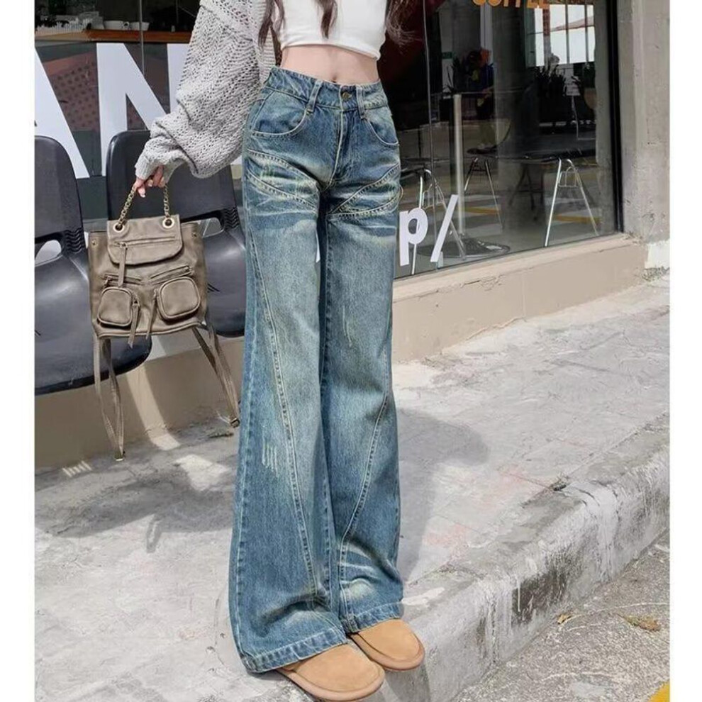 (blue, Small) "Women's Low-Waist American Retro Flared Jeans - Loose, Non-Sticky Fit for Summer
