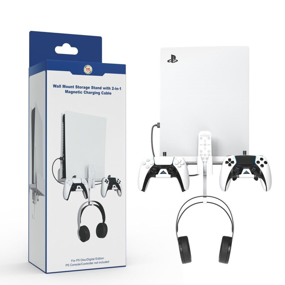 (white) PS5 Wall Mount Bracket & Charging Cable Set for Console