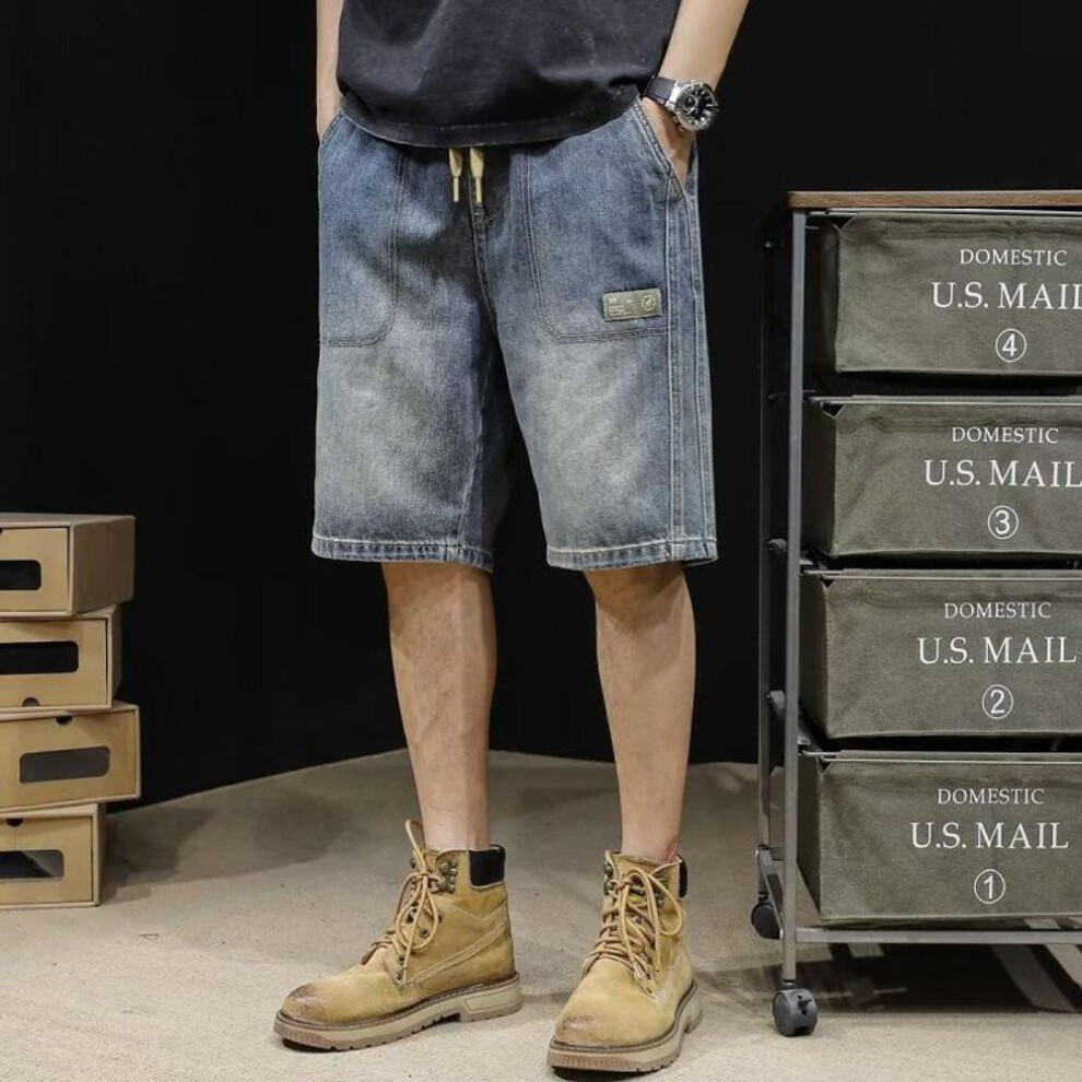 (blue, M) Men's Loose Light Denim Mid-Length Casual Riding Shorts