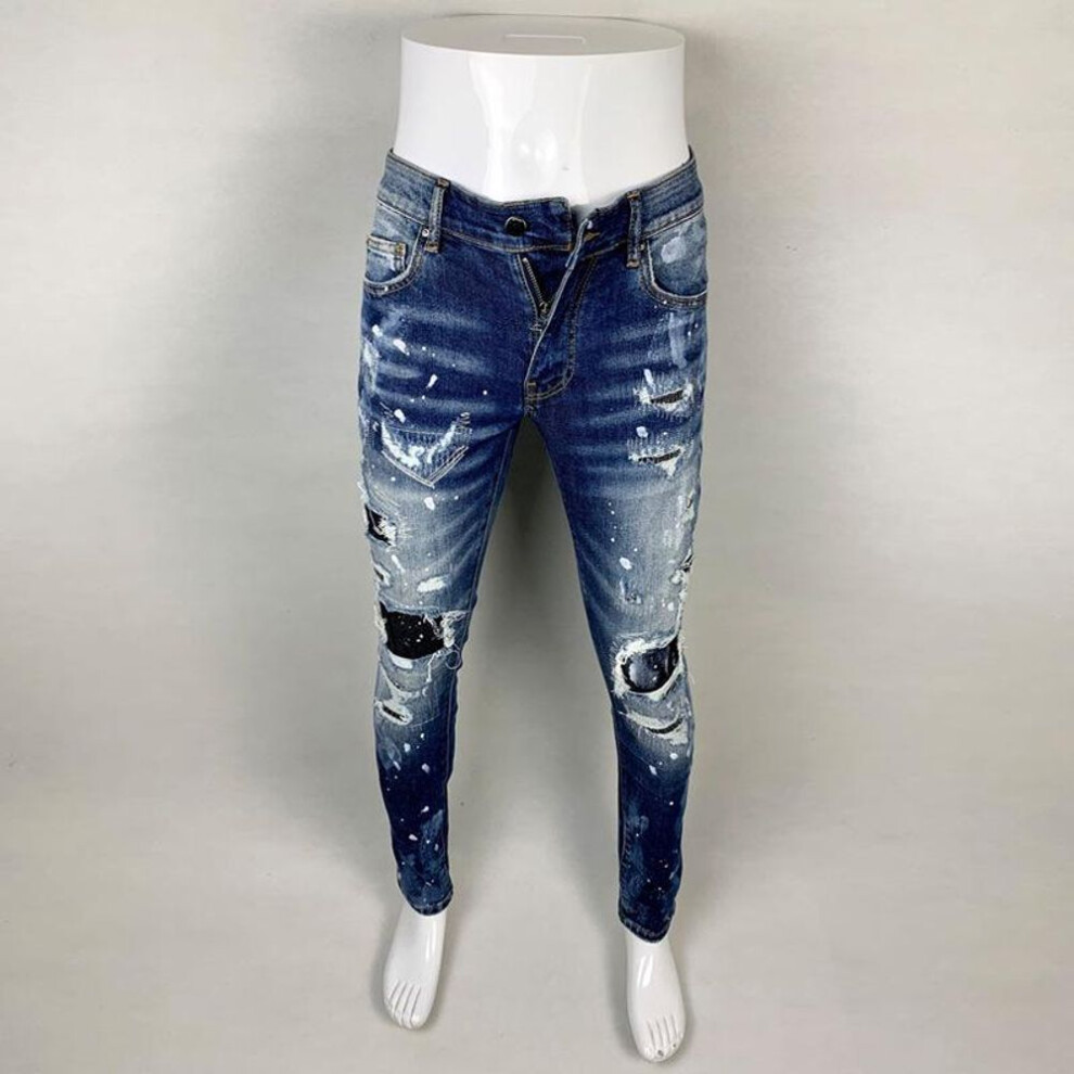 (31) Men's Trendy Blue Distressed Ripped Skinny Jeans with Paint Print