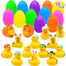 JOYIN 12 Oeufs de Pâques Remplis avec Canards en Caoutchouc et Lapins, Oeufs Colorés Préremplis pour les Enfants