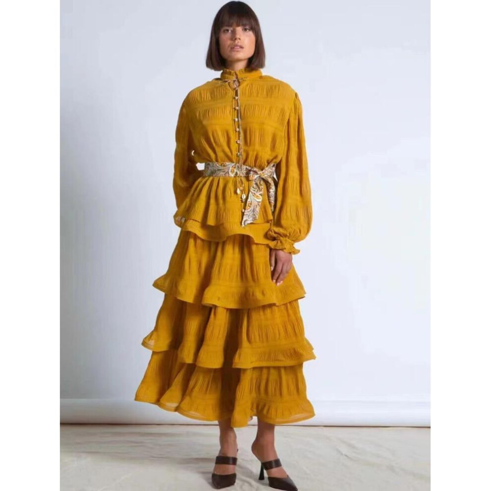 (yellow, M) "2023 Autumn Women's Lantern Sleeve Stand-Up Collar Dress with Bow Tie Waist