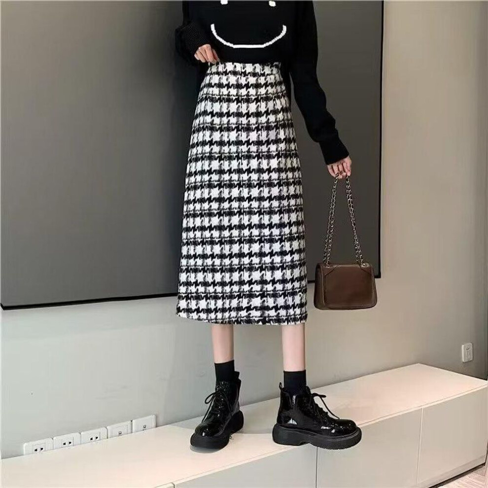 (black, S) "women's Plus Size Houndstooth Wool Skirt: High Waist, Hip-covering, Long Plaid Design For Autumn/winter 2023