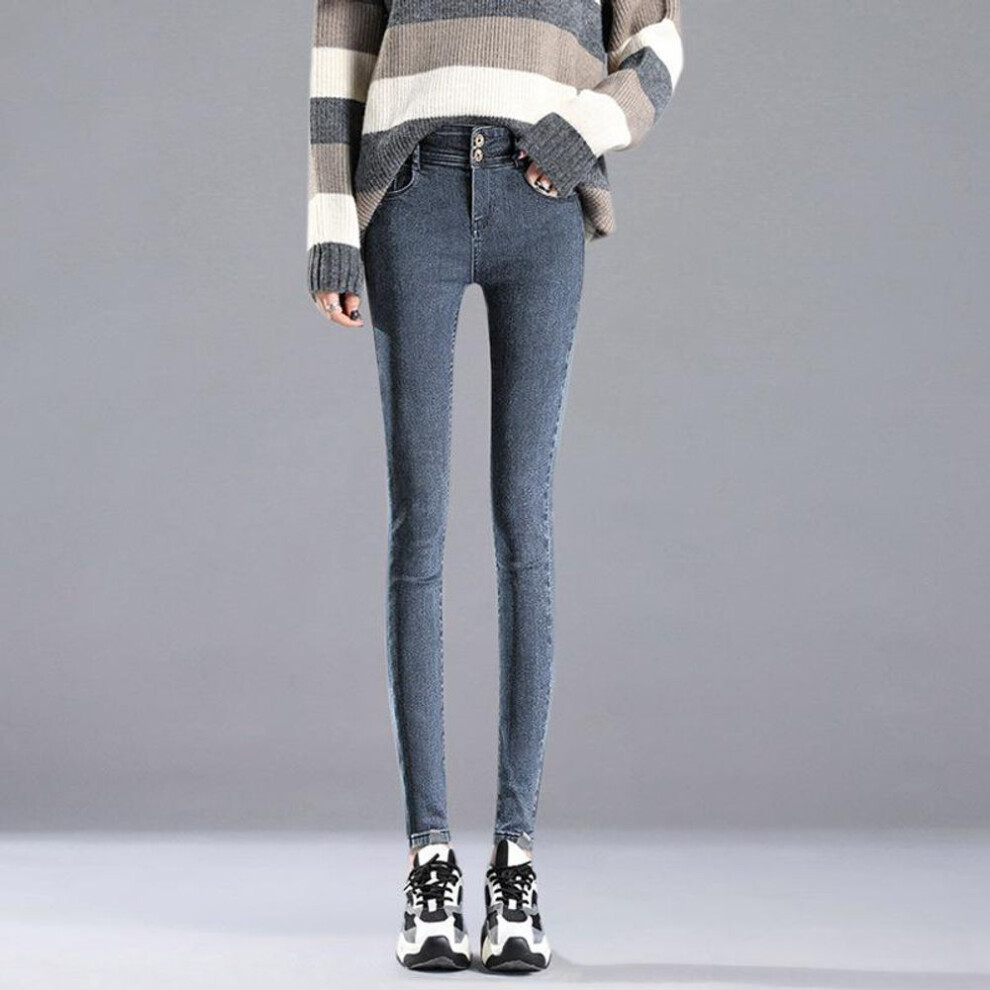 (blue,gray, 26) Women's High-Waisted Double Buckle Stretch Skinny Jeans for Autumn and Winter - Slim Fit Pencil Pants, Nine Points Length, Korean Style