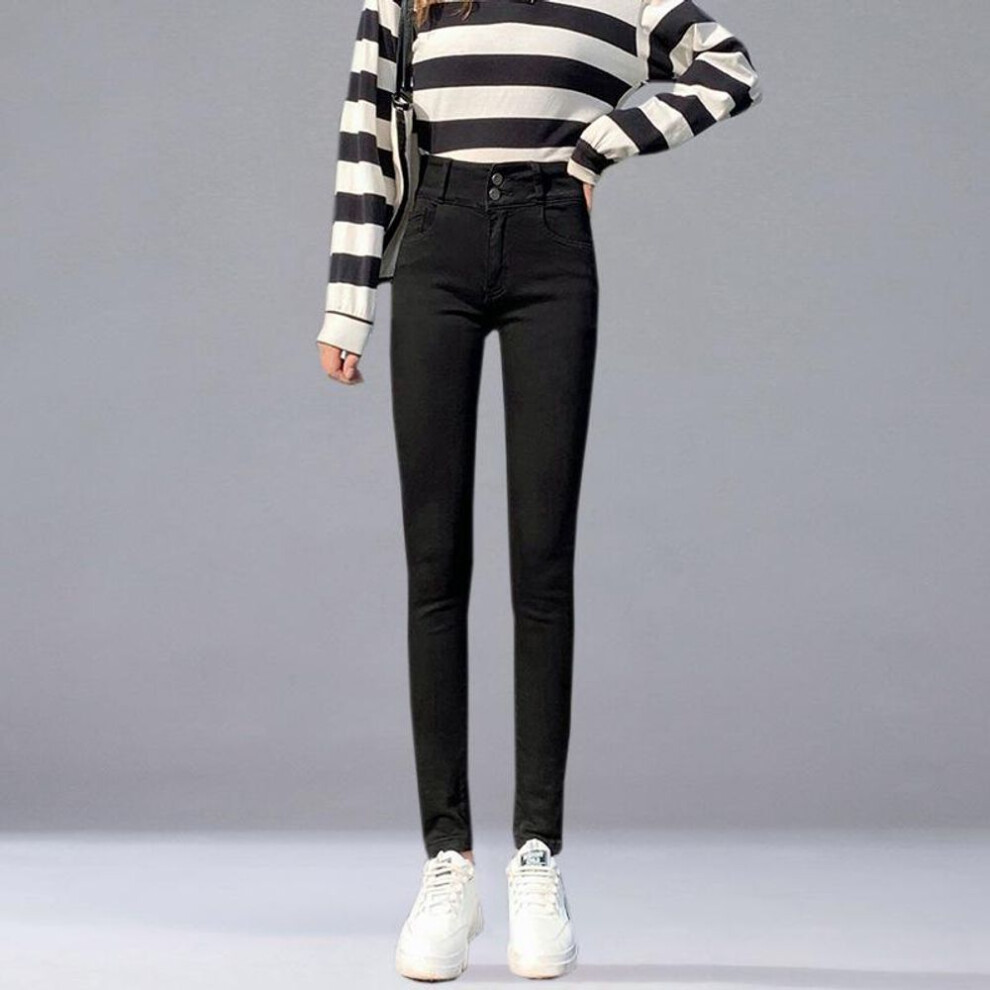 (black, 27) Women's High-waisted Double Buckle Stretch Skinny Jeans For Autumn And Winter - Slim Fit Pencil Pants, Nine Points Length, Korean Style