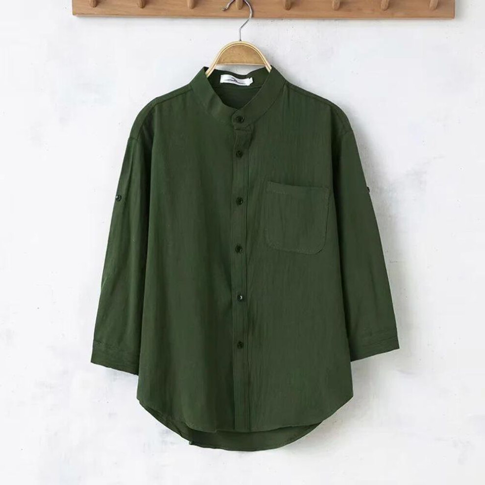 (army green, XL) Men's Korean-Style Cotton-Linen Round Neck Mid-Sleeve Shirt for Spring/Summer