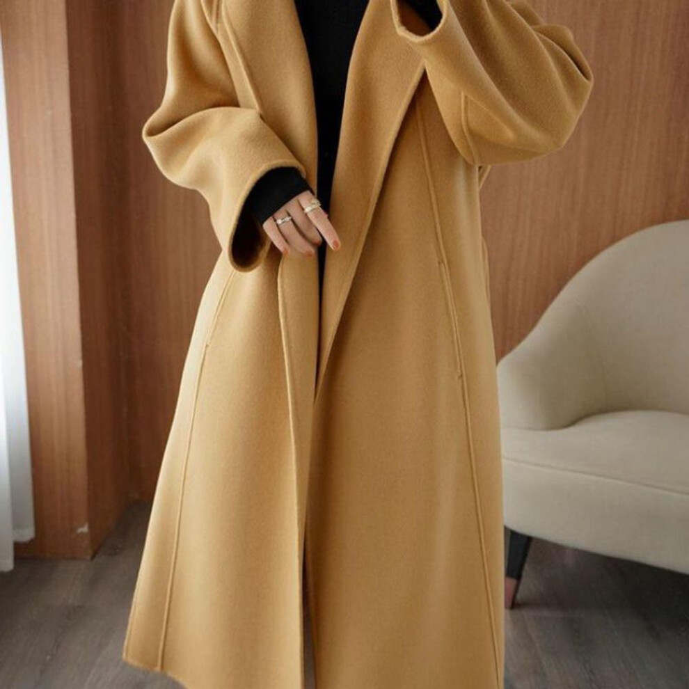 (khaki, L) "Women's Plus Size Woolen Over-the-Knee Long Coat - 2024 Autumn/Winter Collection