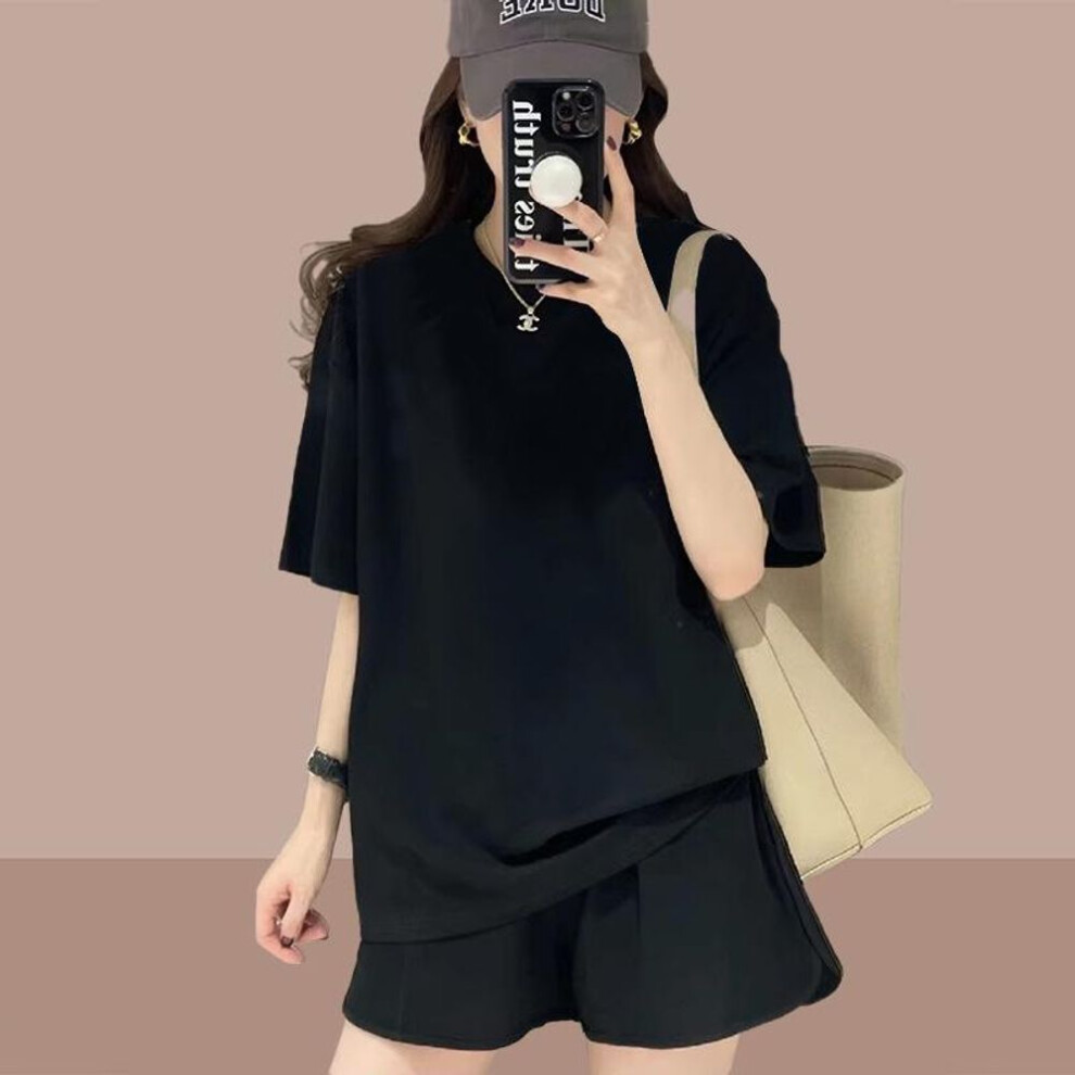 (black, L) "2025 Women's Summer Sportswear Set: Elegant Short-sleeved Top & Shorts For Petite Sizes