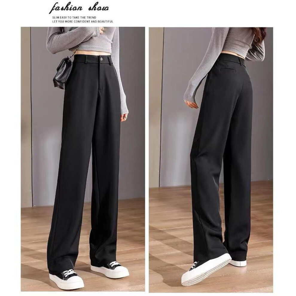 (black, 3XL) Women's Wide-leg Black Suit Trousers - Straight Cigarette Cut, Professional Fit