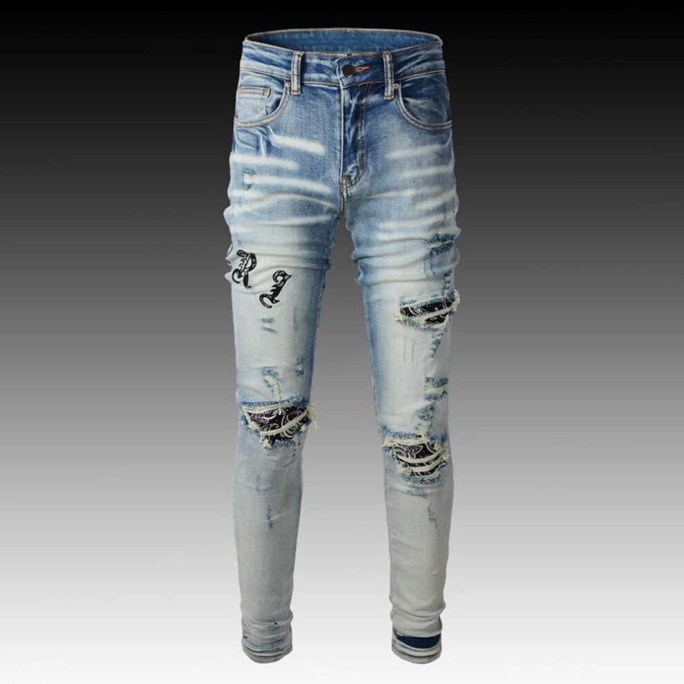 (light blue, 29) "European & American Light-Colored Embroidered Slim Fit Men's Ripped Jeans