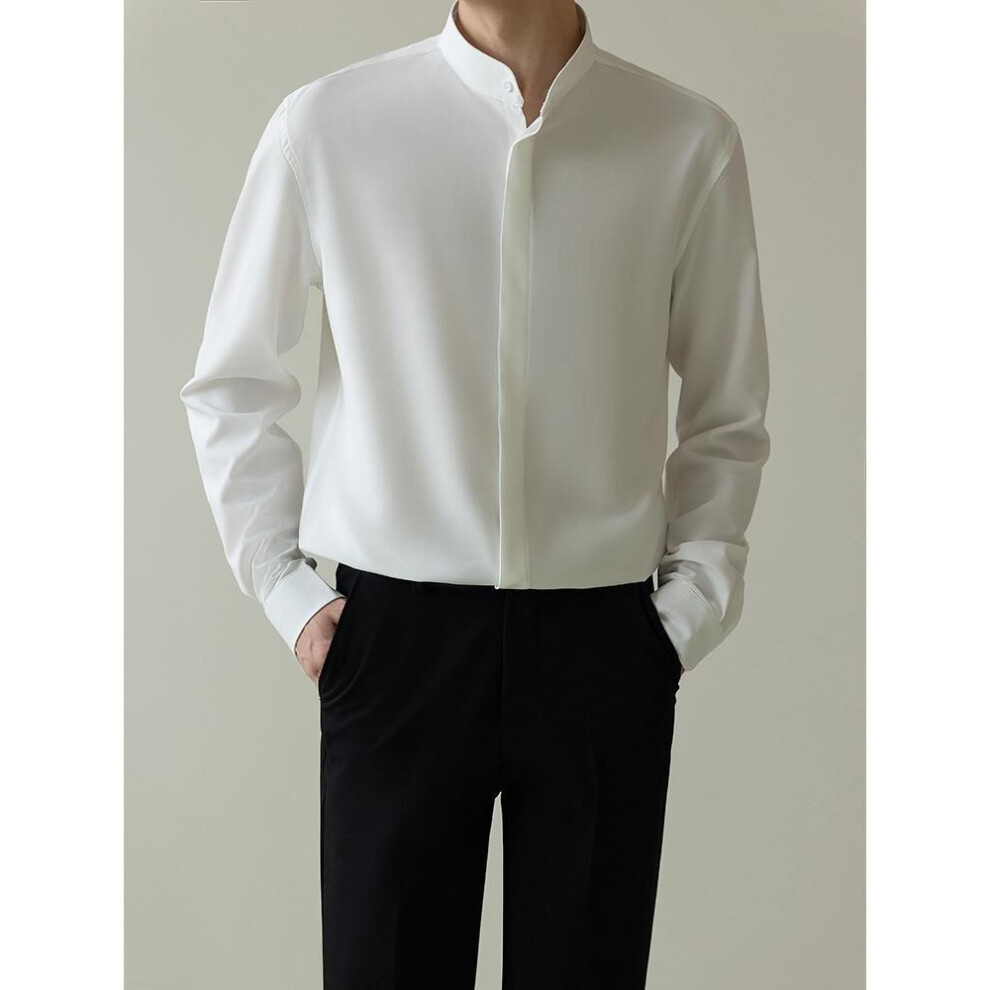 (white, XL) "Men's Autumn Korean Slim Fit Ice Silk Long-Sleeve Business Shirt