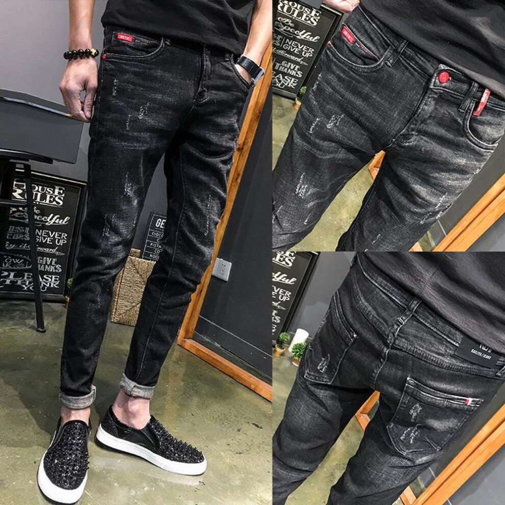 (29) Men's Slim Black Versatile Jeans - Trendy Korean Elastic Fit for Autumn/Winter
